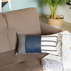 Set of 2 Navy Geometric Faux Leather Throw Pillows