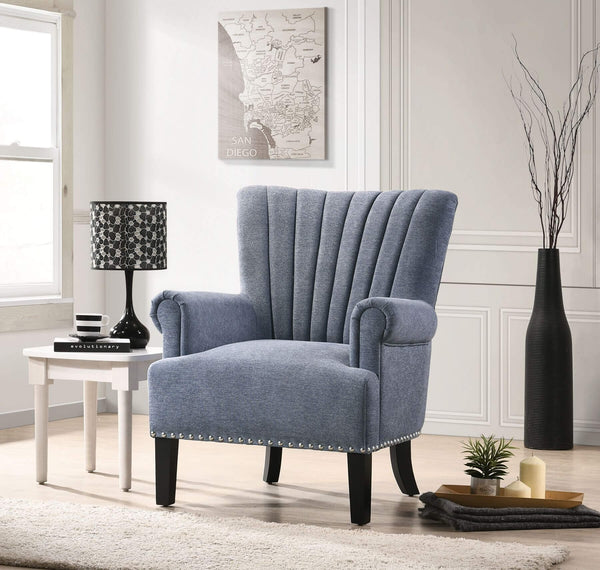 Blue Plumed Channeled Back Comfy Armchair