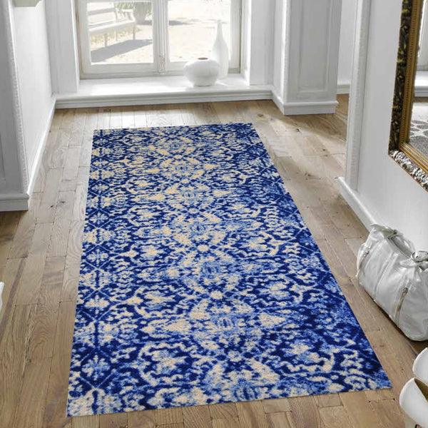 2' x 6' Shades of Blue Vintage Floral Washable Runner Rug