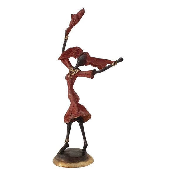 Vintage Hand Cast Bronze Statuette of an African Dancer in a Fire Red Dress