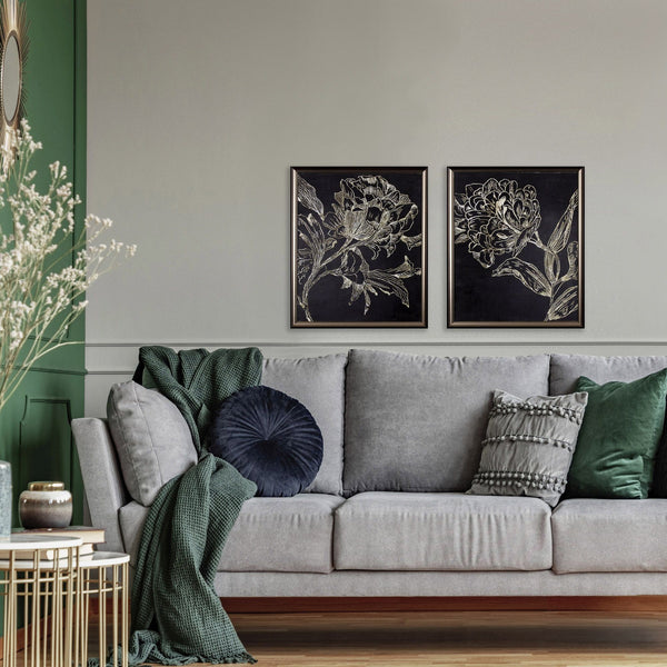Set of Two Black and Metallic Floral Wall Art
