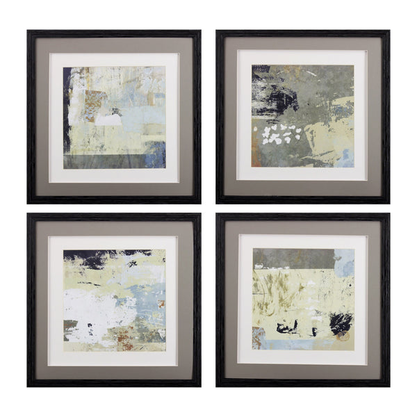 Set of Four Abstract Grey Blue and Tan Wall Art