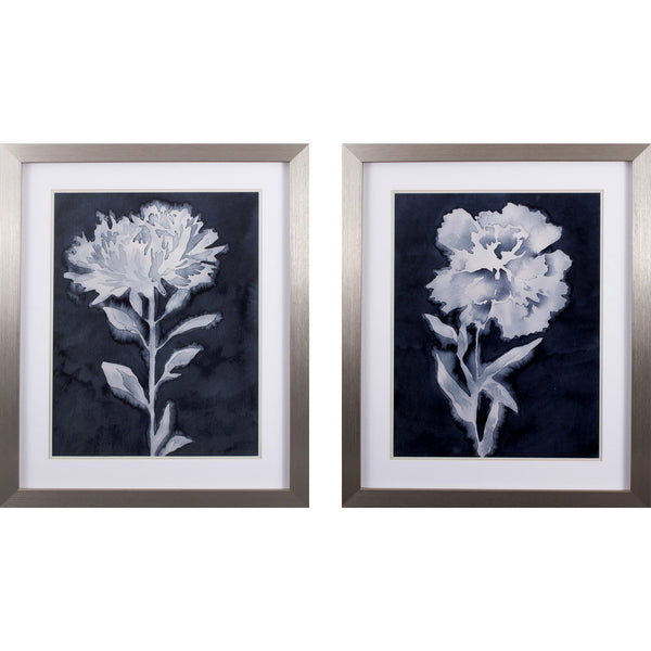 Set of Two White and Navy Blue Watercolor Flower Wall Art