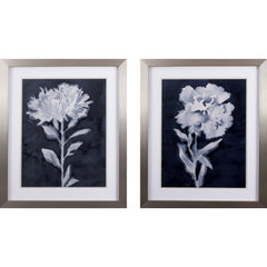 Set of Two White and Navy Blue Watercolor Flower Wall Art