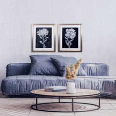 Set of Two White and Navy Blue Watercolor Flower Wall Art