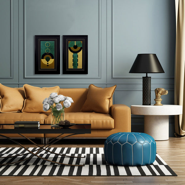 Set of Two Green Gold and Black Aztec Wall Art