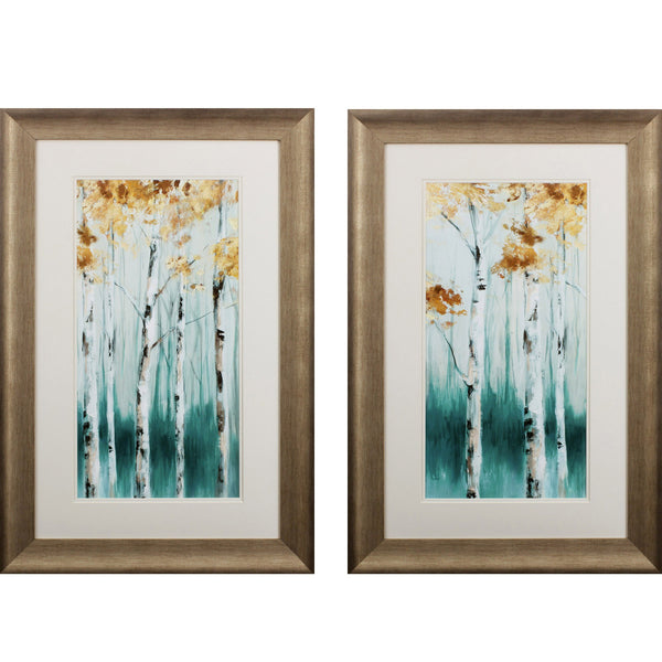 Set of Two Gold and Teal Forest Wall Art
