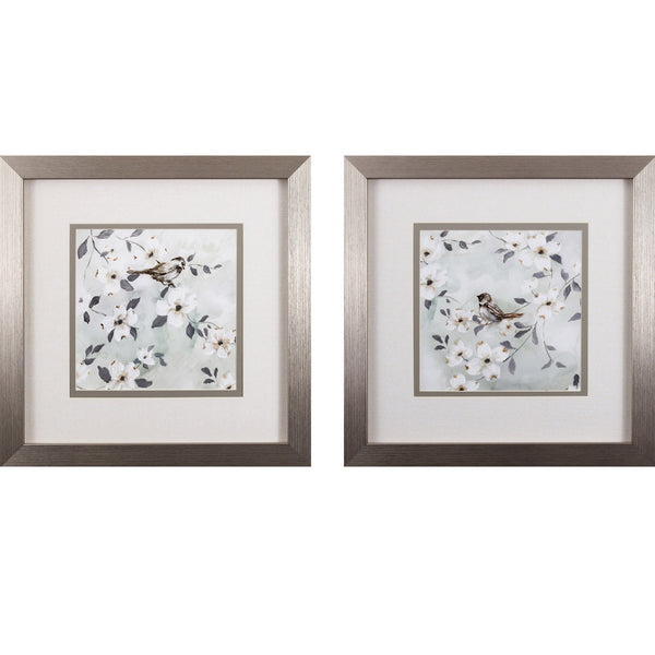 Set of Two Birds on White Flowers Wall Art