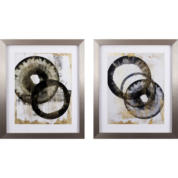 Set of Two Abstract Black and Gold Circles Wall Art
