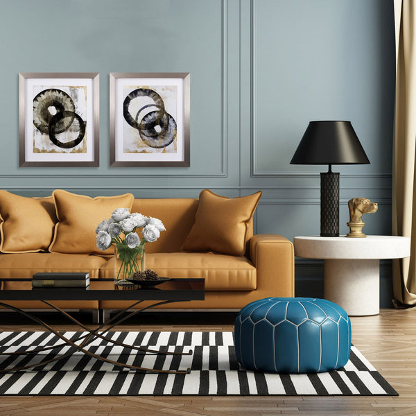 Set of Two Abstract Black and Gold Circles Wall Art
