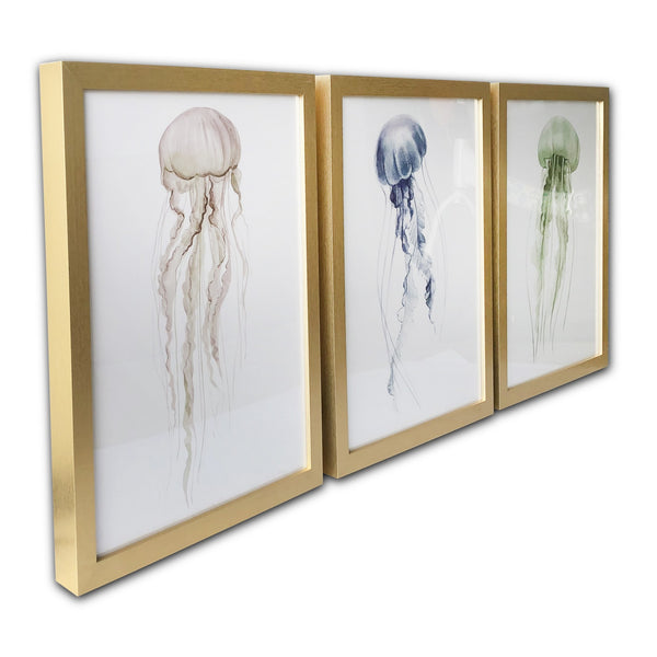 Set of Three Blue Green Brown Jellyfish Framed Wall Art Set