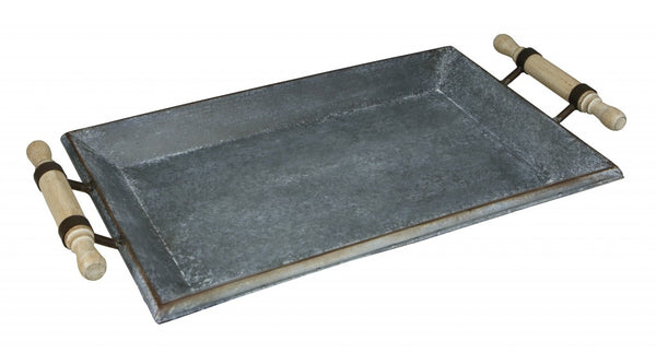 Rustic Galvanized Gray Metal Tray with Rolling Pin Handles