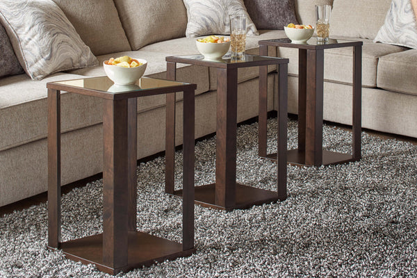 Set of Three Dark Brown Diamond Shape Modular Wood and Mirror End Tables