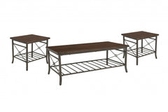 Brown Wood and Metal Coffee Table and End Tables Three Piece Set