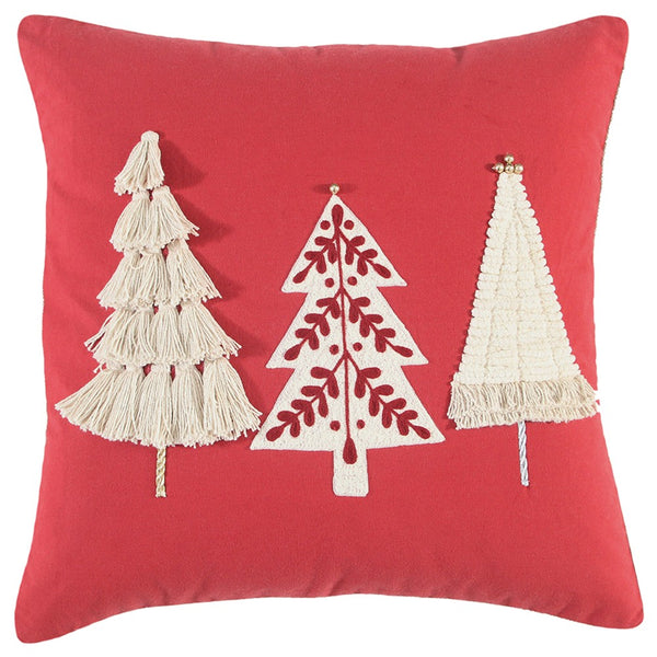 Boho Christmas Tree Trio Red and Cream Decorative Throw Pillow