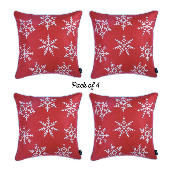 Set of 4 Red and White Snowflakes Throw Pillows