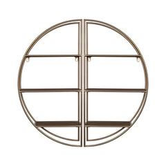 Two Piece Gold Metal and Wood Round Wall Shelf