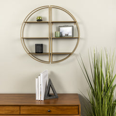 Two Piece Gold Metal and Wood Round Wall Shelf
