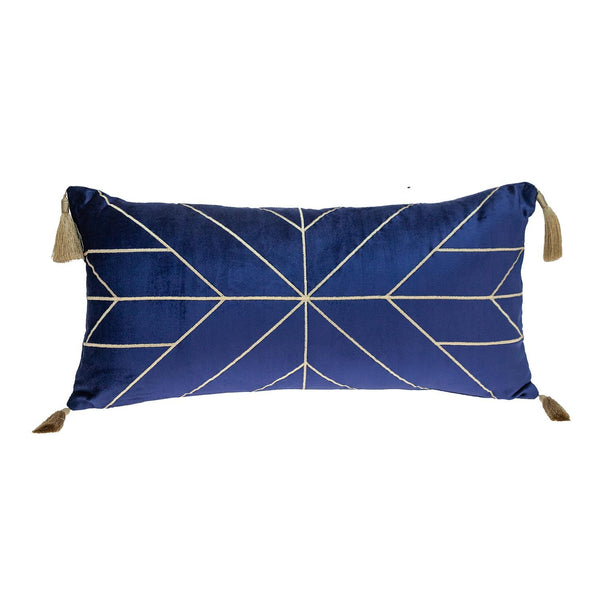 Blue and Gold Geo Velvet Lumbar Pillow with Gold Tassels