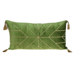 Olive and Gold Geo Velvet Lumbar Pillow with Gold Tassels