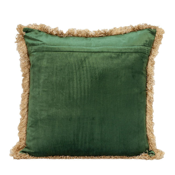 Boho Green with Gold Fringe Decorative Square Throw Pillow