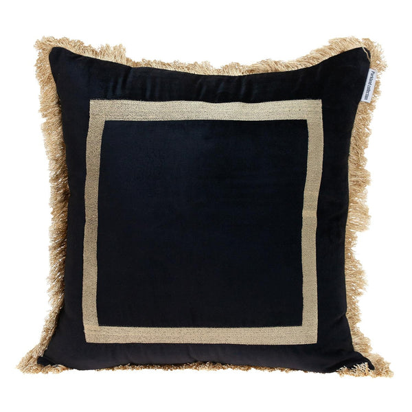 Boho Black with Gold Fringe Decorative Square Throw Pillow