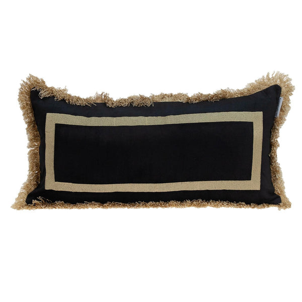 Boho Black with Gold Fringe Decorative Lumbar Throw Pillow