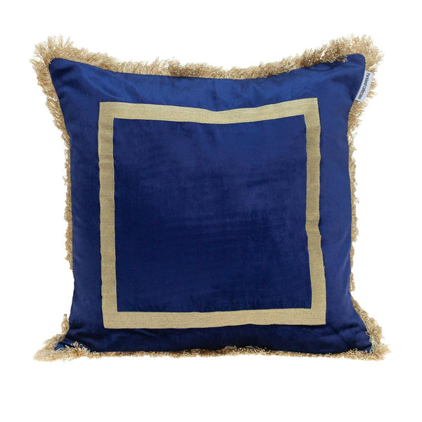 Boho Blue with Gold Fringe Decorative Square Throw Pillow