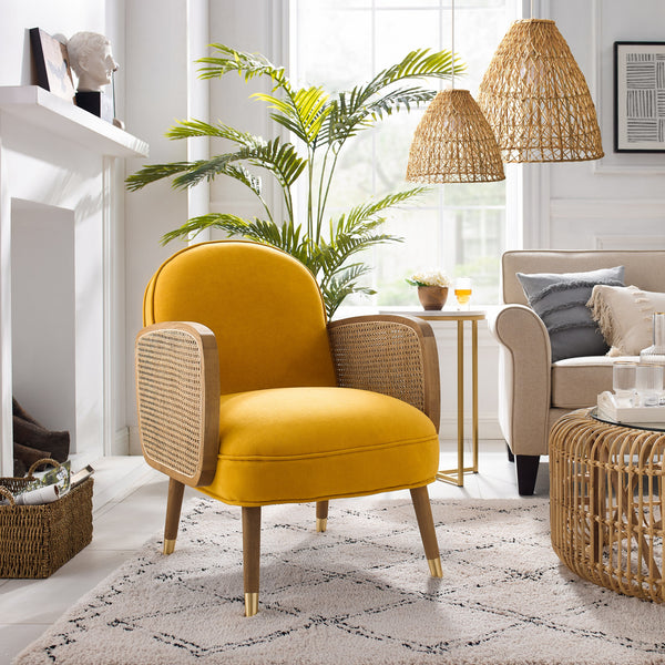 Modern Yellow Velvet with Cane Accent Chair