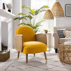 Modern Yellow Velvet with Cane Accent Chair