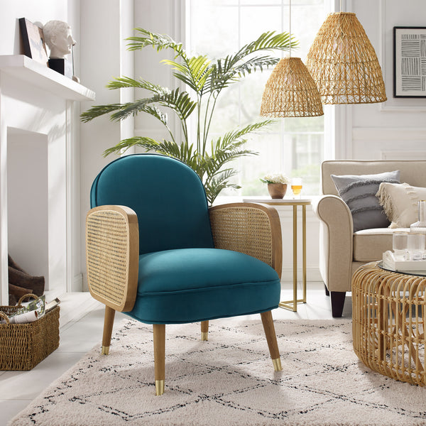 Modern Blue Velvet with Cane Accent Chair
