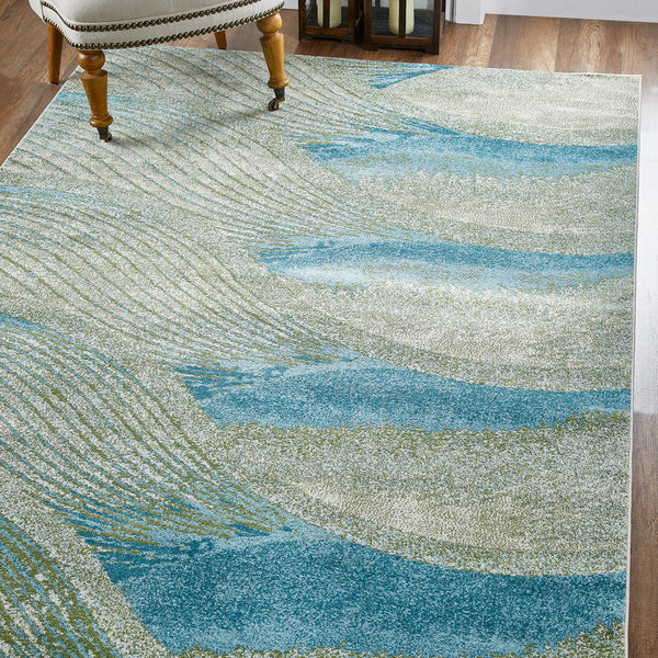 8" x 11" Blue Beige Abstract Waves Modern Area Rug