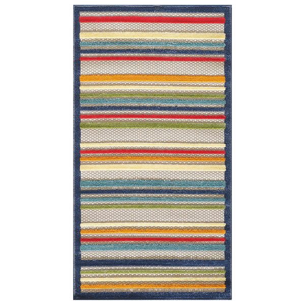 7" x 9" Navy Colorful Striped Indoor Outdoor Area Rug