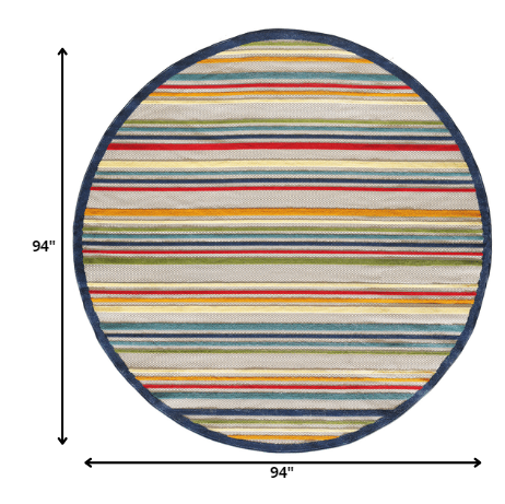 8" Round Navy Colorful Striped Indoor Outdoor Area Rug