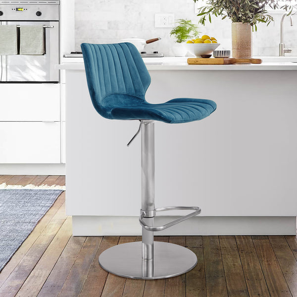 Teal Blue Velvet and Chrome Channel Adjustable Swivel Bar Stool