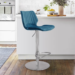 Teal Blue Velvet and Chrome Channel Adjustable Swivel Bar Stool