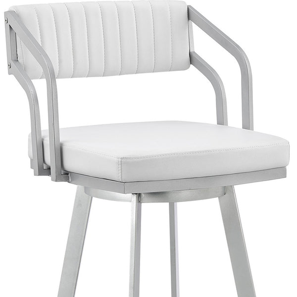 30" Timeless White Faux Leather Silver Finish Swivel Bar Stool