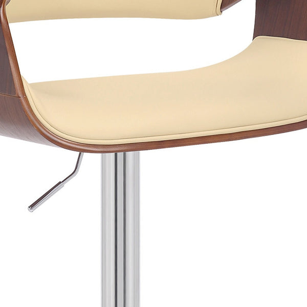 Cream Faux Leather and Walnut Wood and Chrome Swivel Adjustable Bar Stool