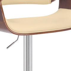 Cream Faux Leather and Walnut Wood and Chrome Swivel Adjustable Bar Stool
