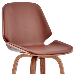 26" Brown Faux Leather Swivel Seat Wooden Bar Stool