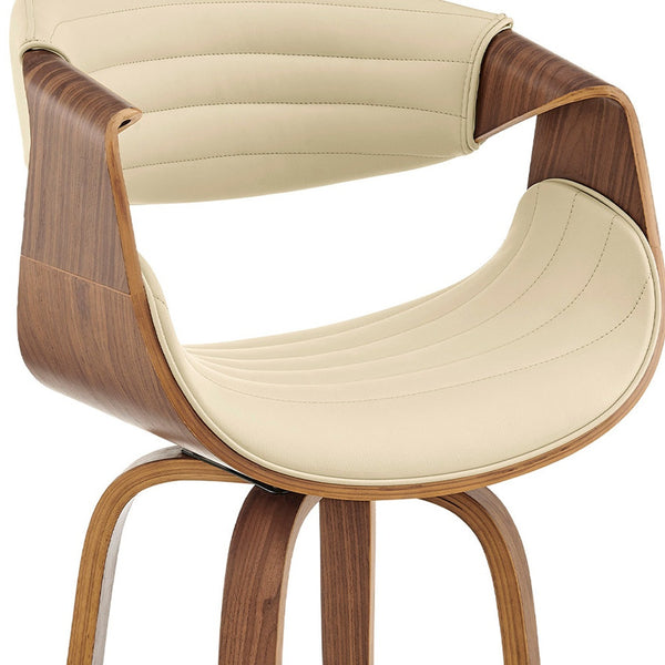 26" Cream Faux Leather and Walnut Wood Retro Chic Swivel Counter Stool