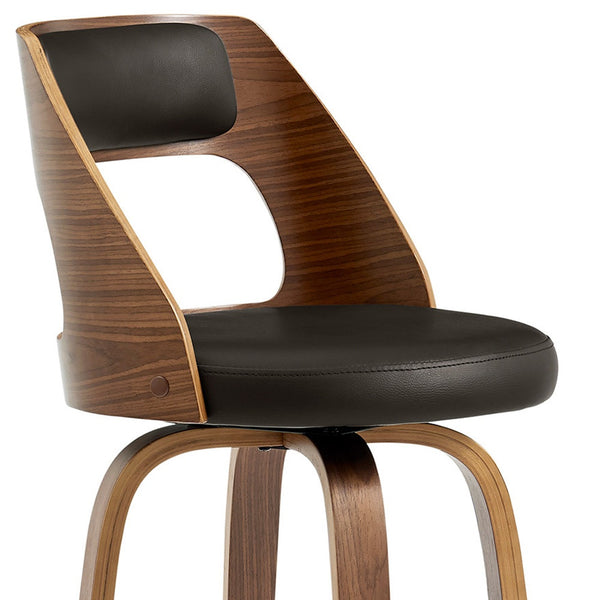 26" Retro Mod Brown Faux Leather and Walnut Swivel Counter Stool