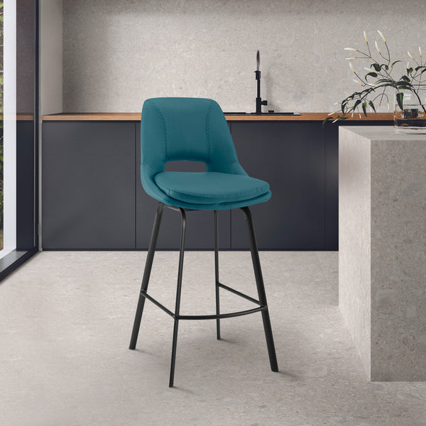 26" Elegant Blue Faux Leather and Black Metal Armless Swivel Counter Stool