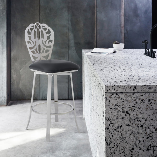 26" Black Faux Leather Scroll Brushed Stainless Steel Swivel Bar Stool