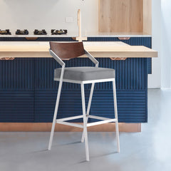 30" Luxurious Curved Walnut Wood Back Grey Faux Leather Bar Stool