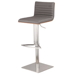 Grey Faux Leather Armless Swivel Bar Stool with Brushed Stainless Steel Base