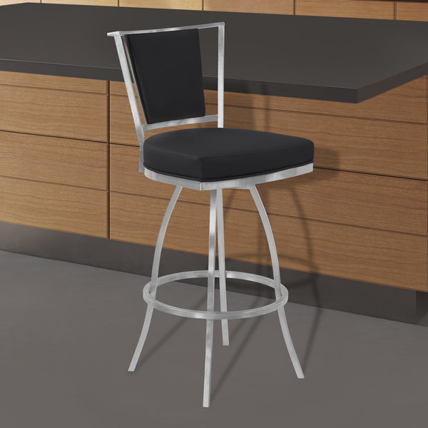 30" Sleek Black Faux Leather Brushed Stainless Steel Bar Stool