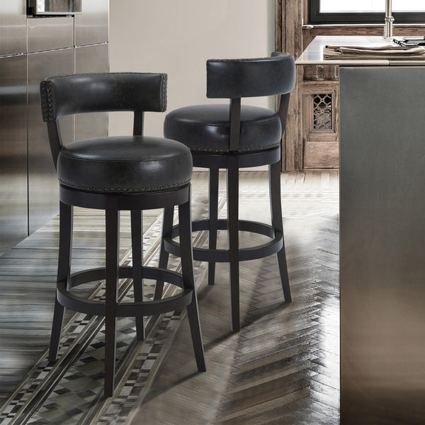 26" Brown Onyx Faux Leather Swivel Espresso Wood Bar Stool