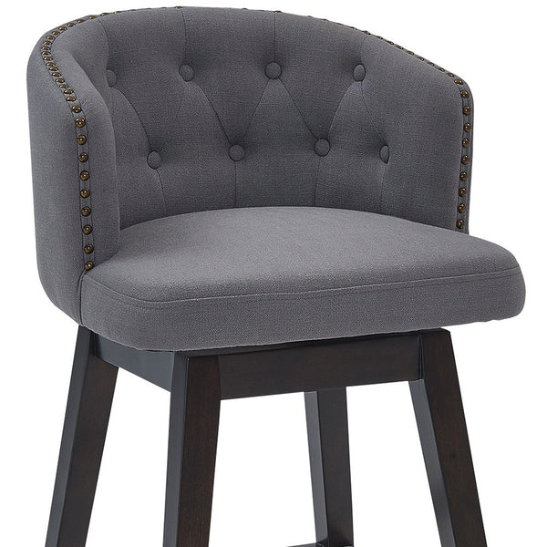 30" Grey Tufted Fabric and Dark Espresso Wood Swivel Bar Stool