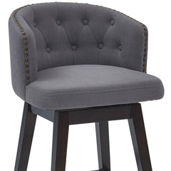 30" Grey Tufted Fabric and Dark Espresso Wood Swivel Bar Stool